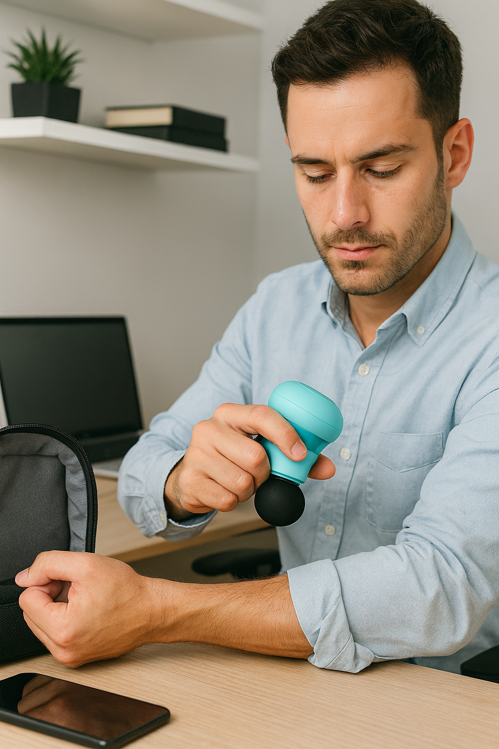 homme qui utilise un pistolet de massage de poche a au bureau