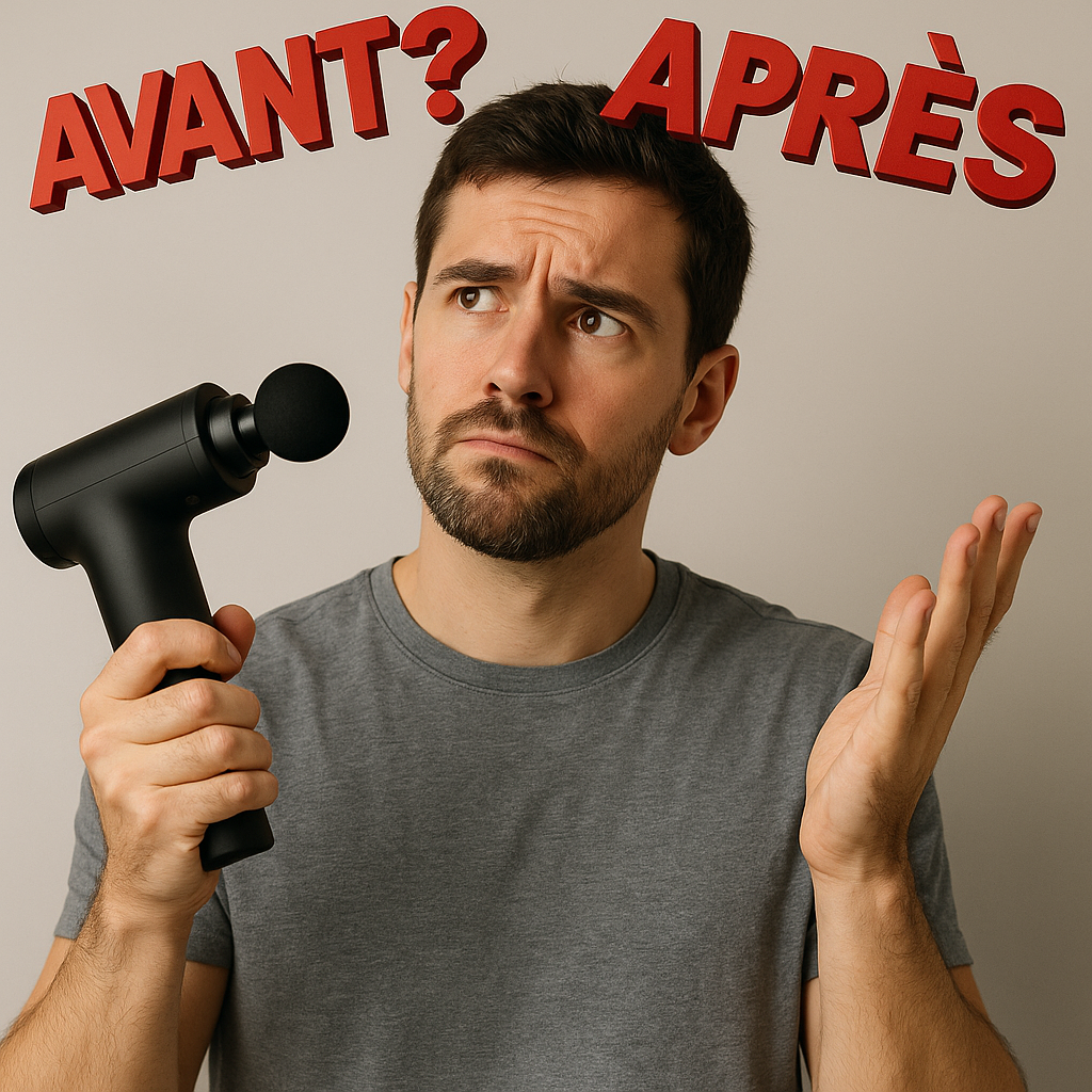 Homme tenant un pistolet de massage, hésitant entre avant ou après l’entraînement – choix illustré par les mots 3D rouges Avant ? et Après ?"