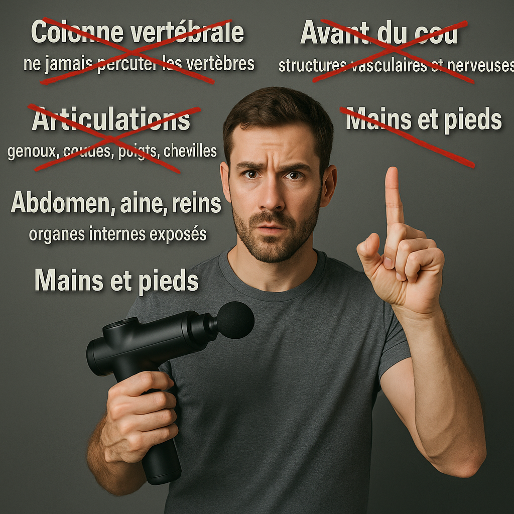 homme qui tient un pistolet de massage avertissant des zones a ne pas masser avec le pistolet