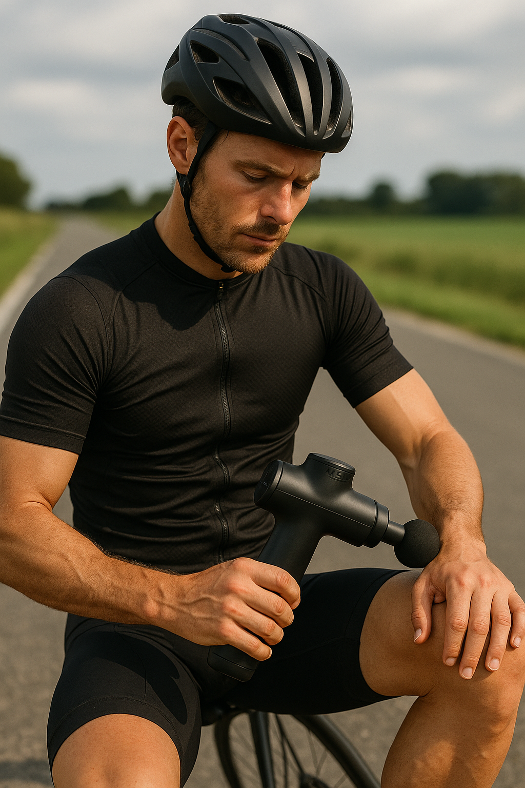 cycliste utilisant un pistolet de massage