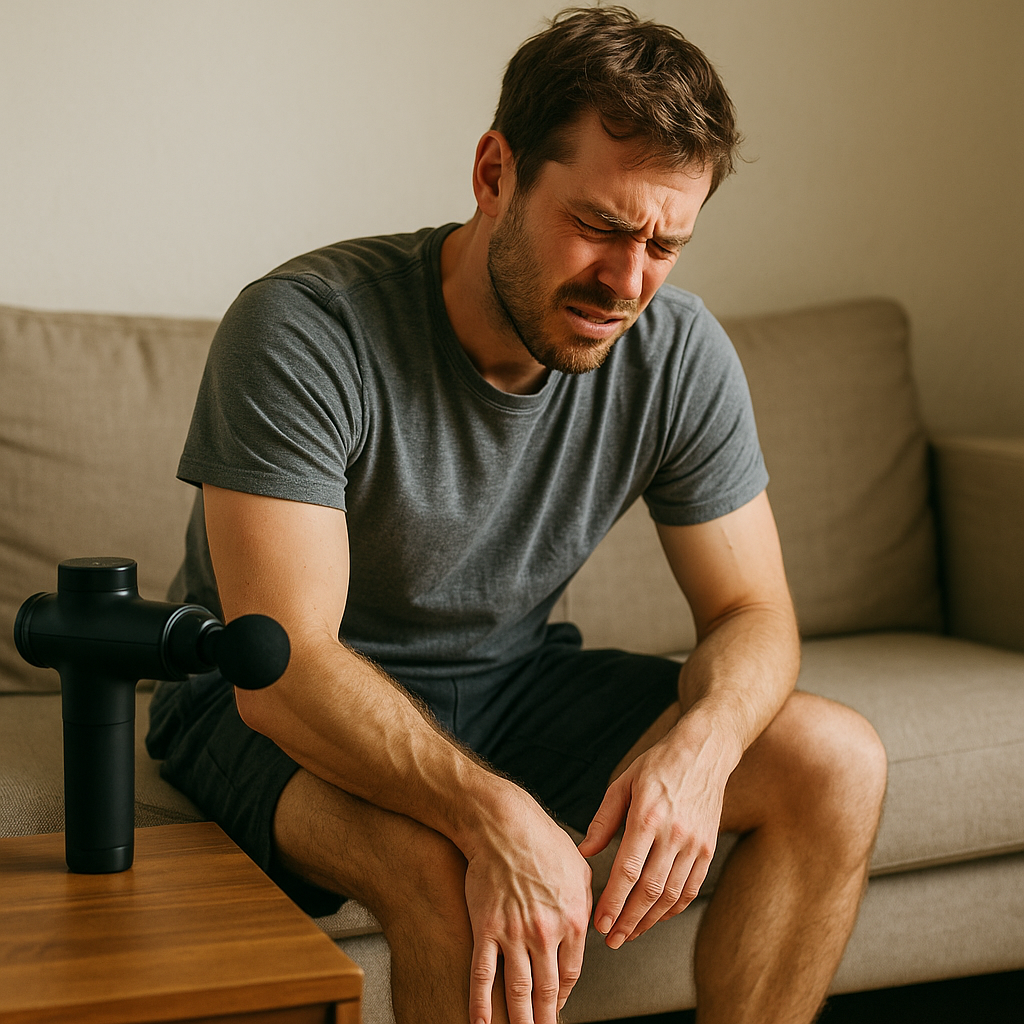 homme avec des courbatures qui va utiliser un pistolet de massage