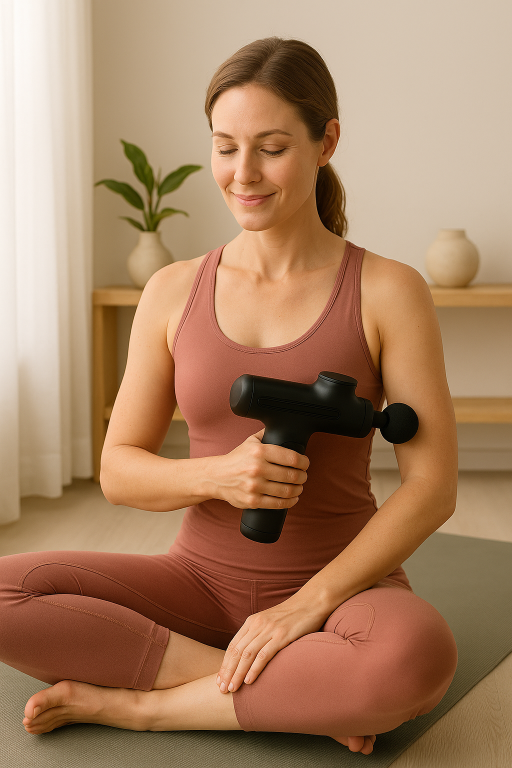 femme en position de yoga qui utilise un pistolet de massage