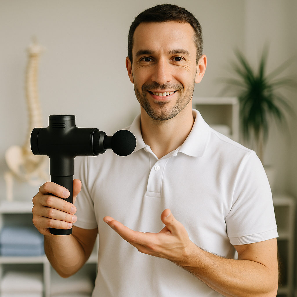 un kinésithérapeute utilise un pistolet de massage dans son cabinet