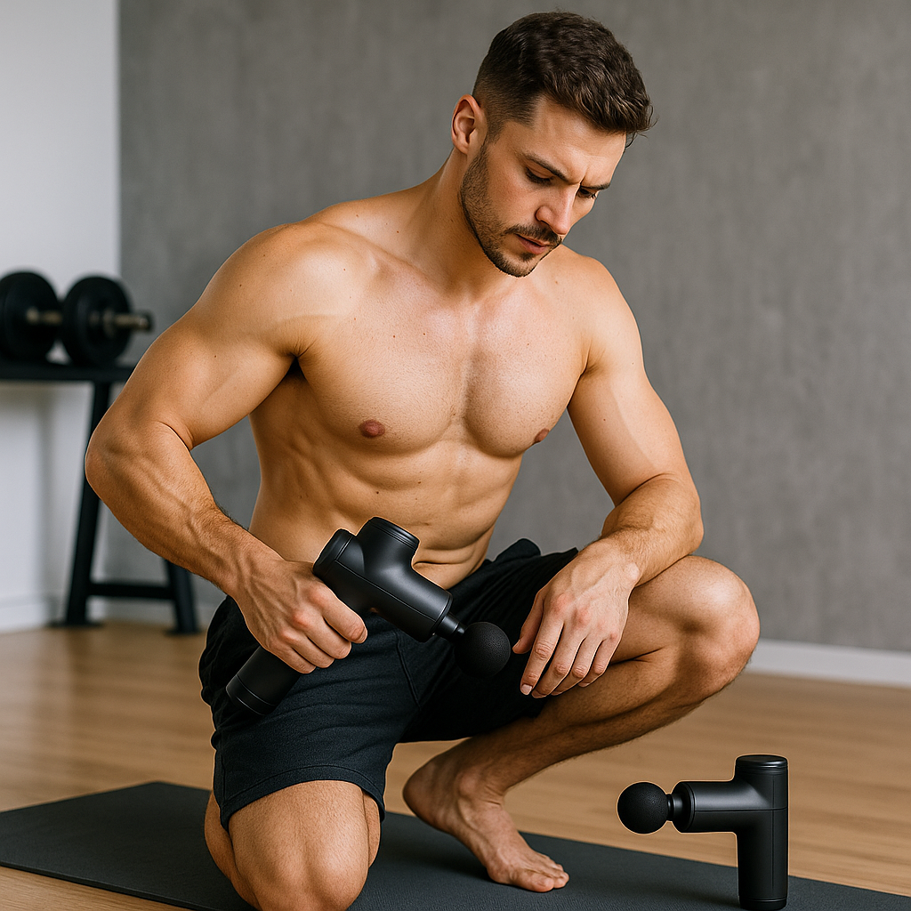 homme qui utilise un pistolet de massage pour éviter les blessures
