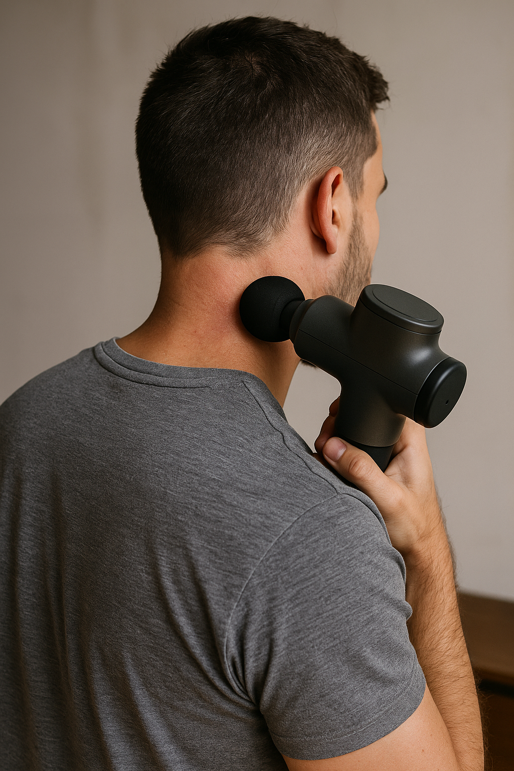homme qui soulage ses cervicales avec un pistolet de massage