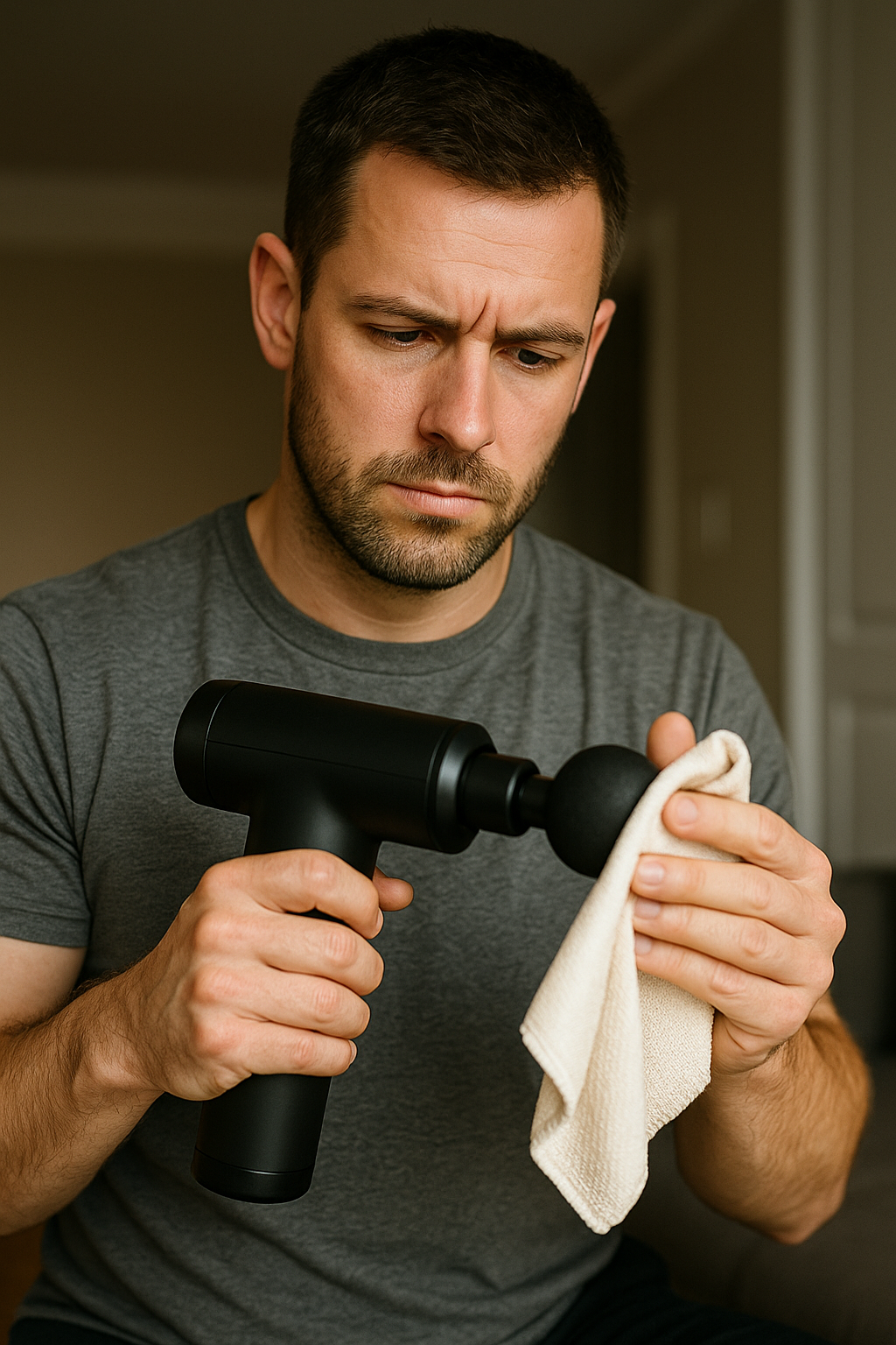 homme qui entretien son pistolet de massage
