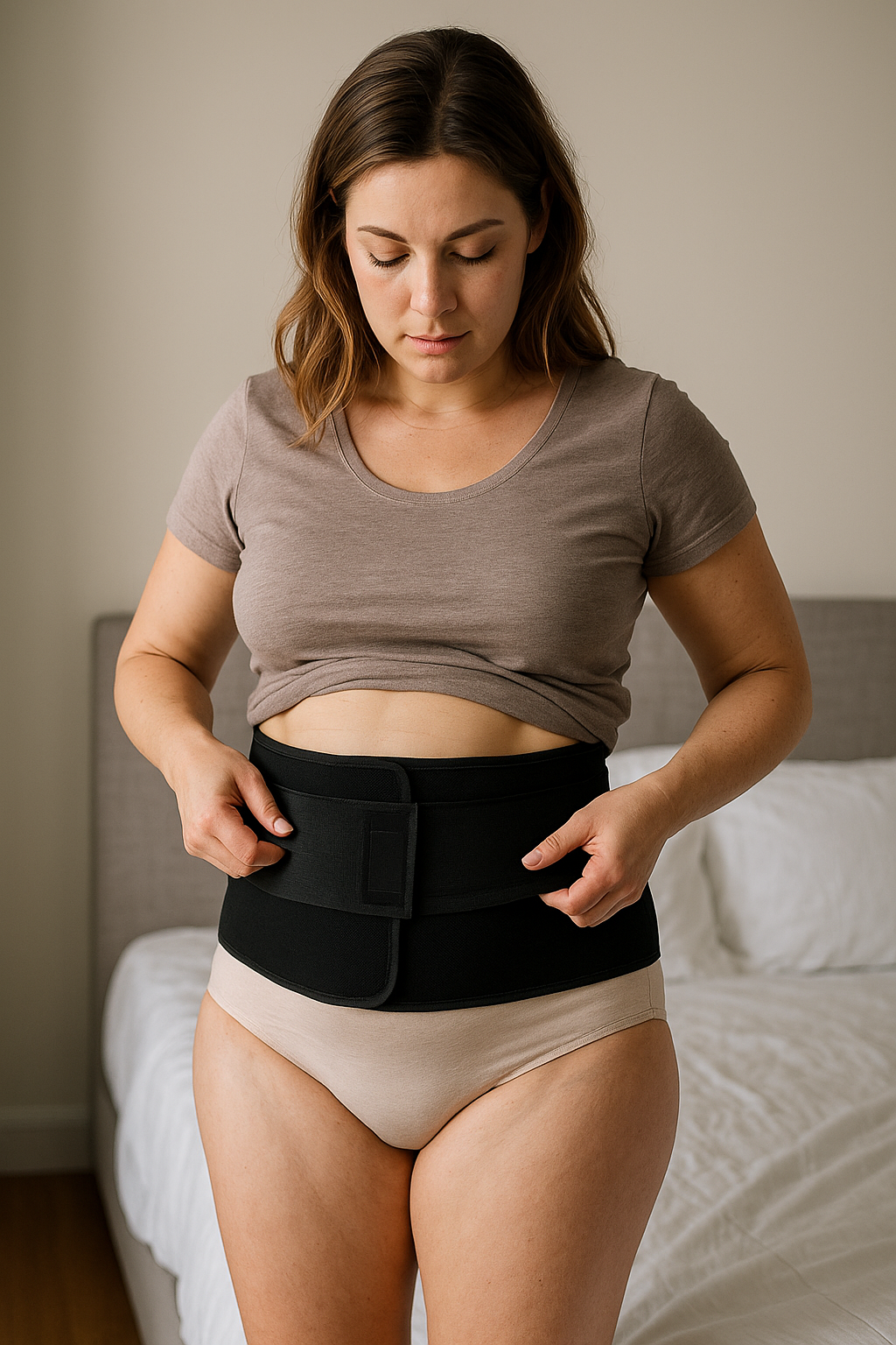 femme qui porte une gaine après un accouchement 