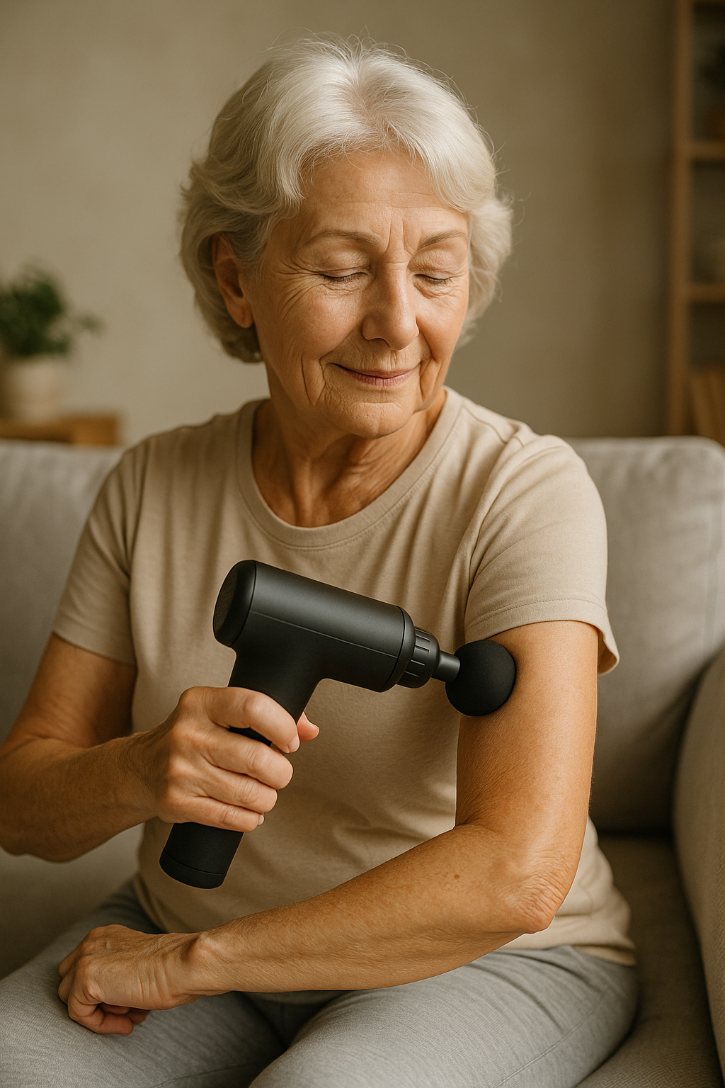 personne agée qui utilise un pistolet de massage